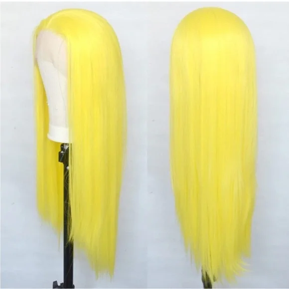 24”Yellow Silky Long Straight Lace Front Wig NEW